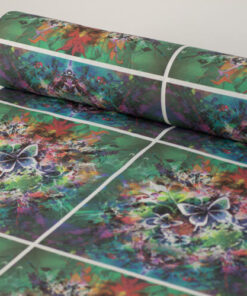 Διακοσμητικό ύφασμα με φάρδος 2,80m, με επαναλαμβανόμενα μοτίβα χρωματιστές πεταλούδες 45cm x 45cm για διακοσμητικά μαξιλαράκια.